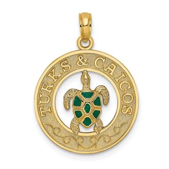Diamond2Deal 14k Yellow Gold Enameled TURKS AND CAICOS with Turtle Circle Charm Pendant