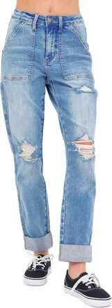 Judy Blue High Waisted Distressed Boyfriend Jeans With Patch Pocket In Light Wash