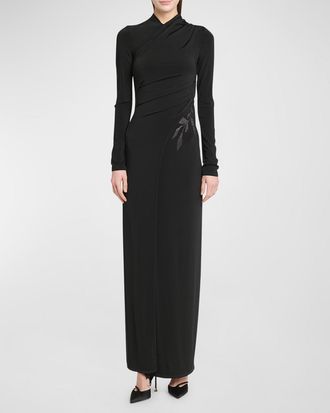 Giorgio Armani Jersey Column Gown with Beaded Floral Hip Detail
