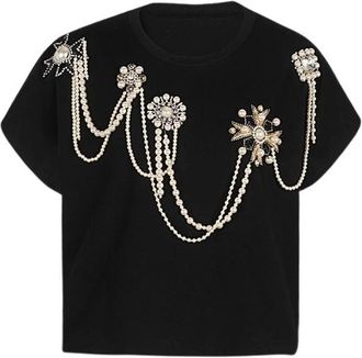 Balmain Katoenen T-shirt met korte mouwen en gouden borduursel - Dames - T-shirts - Zwart - M - Katoen - Tops