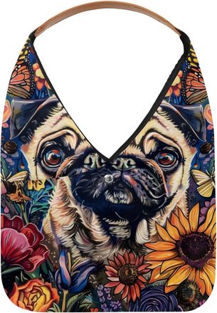 Generic Pug Dog Flowers Butterfly Reusable Lightweight Grocery Bags - Foldable Into Compact Pouch, Washable & Sturdy, Multipurpose for Shopping and Travel