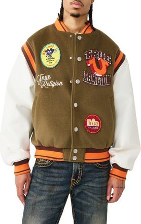 True Religion Garden Logo Retro Varsity Jacket in Capers Green /Winter White at Nordstrom, Size Xxx-Large