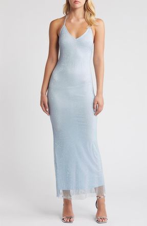 Rare London Diamante Mesh Halter Neck Gown in Light Blue at Nordstrom, Size X-Small