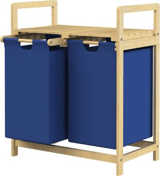 ML Design Ml-design Cesto Para La Colada, Bamb&uacute; Azul Oscuro, Caja Para La Ropa Sucia Con 2 Compartimentos, Recogedor Con 2 Bolsas Extensibles 30 L, Cubo Con Est