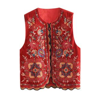Generic Women Vintage Boho Floral Embroidered Gilets Sleeveless Crop Cardigan Tops Open Front Vest Outwear Jackets red
