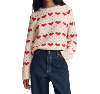 The Great. Heart Crew Neck Sweater In Pearl With Red