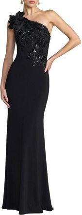 Mac Duggal Embroidered Jersey One Shoulder Gown with 3D Flower in Black at Nordstrom, Size 14