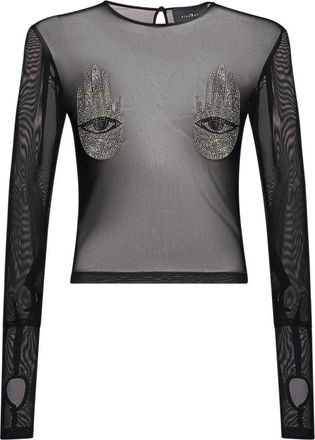 John Richmond Transparante top met geborduurde juweeldetails - Dames - Longsleeves - Zwart - M - Nylon - Tops