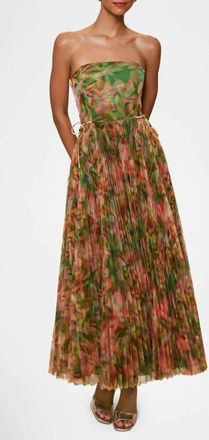 Hutch Costella Pleated Floral-Print Tulle Gown In Sage Blurred Tropical Jungle