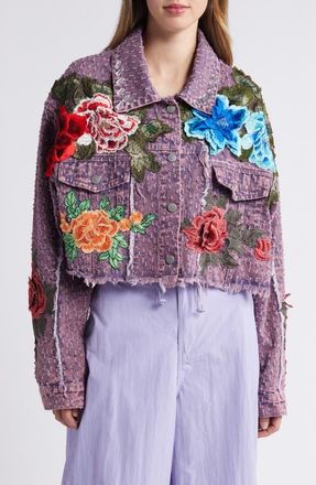 Nikki Lund Bloom Floral Appliqu&eacute; Texture Denim Jacket in Purple at Nordstrom, Size Medium