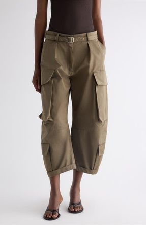 Acne Studios Belted Cotton Twill Barrel Leg Cargo Trousers in Khaki Green at Nordstrom, Size 6 Us