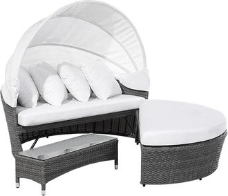 Beliani Beliani - Cama De Exterior De Rat&aacute;n Sint&eacute;tico Blanco Gris Cojines Mesa De Centro Tumbona Dosel Resistente Al Aire Libre Sylt Lux