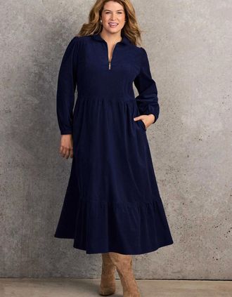 Live Unlimited London Womens Navy Corduroy Zip-Front Midi Dress - Size: 24