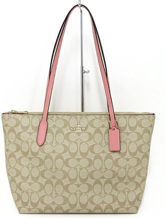 Coach Khaki Light Pink Pvc Coated Canvas Leather Shoulder Bag Tote Bag (Pre-Owned)