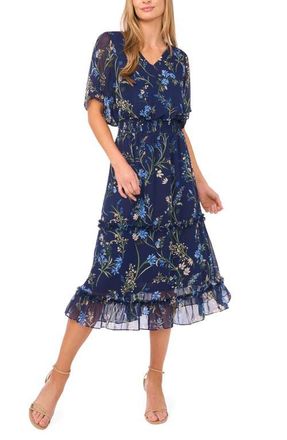 CeCe by Cynthia Steffe Floral Smock Waist Midi Dress in Classic Navy at Nordstrom, Size Small