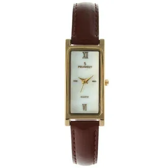 Peugeot Everyday Rectangular Glossy Leather Watch- 35x18MM in Brown at Nordstrom