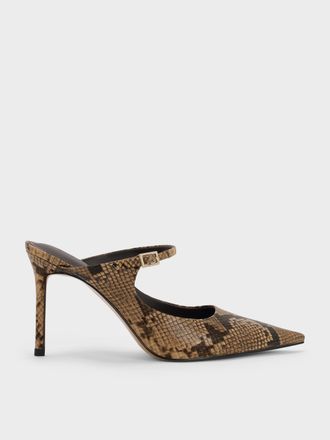 Charles & Keith Snake-Print Buckle-Strap Mules