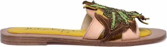 Meher Kakalia Beige Green Open-Toe Leaf Leather Mules