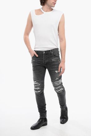 Balmain Jeans Multitasca in Denim Distressed con Inserti Biker in Pelle 14cm Balmain