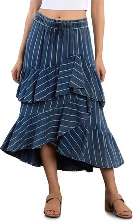 Wash Lab Denim Moonlit Ruffle Midi Skirt in Indigo Cabana Stripe at Nordstrom, Size X-Small