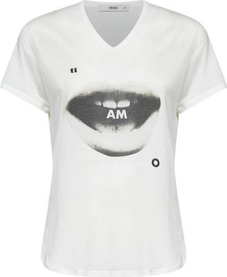 Fendi TI AMO V-neck T-shirt - Dames - T-shirts - Wit - L - Katoen - Tops