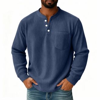 Generic Corduroy shirts Henley collar Mens Waffle Sweatshirt with Pocket V-Neck Button Up Flap Pockets Autumn Modern Cozy Navy XL