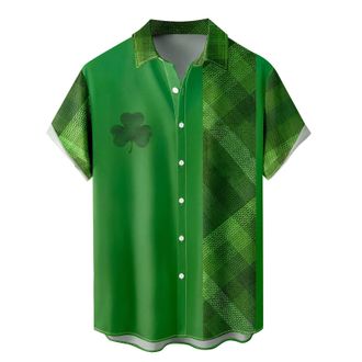 Generic St. Patricks Day Summer Mens Fancy Print Hawaiian Shirt Short Sleeved Shirts Summer Striped Casual Shirt Button Down Hawaiian Shirt for Beach Holiday 