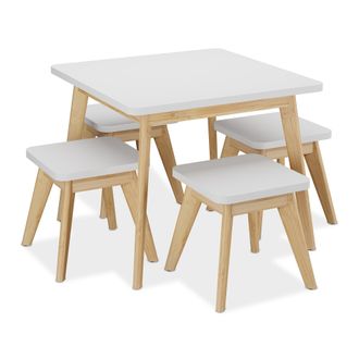 Relaxdays Relaxdays - Mesa Y 4 Taburetes Infantiles, Conjunto Mobiliario Ni&ntilde;os 5 Piezas, Set Muebles Dormitorio, Blanco Y Natural
