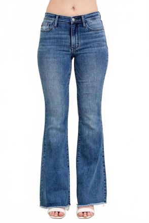 Judy Blue Mid Rise Vintage Wash Flare Jeans With Distressed And Fray Hem In Md