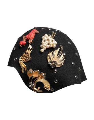 Dolce & Gabbana Womens Black Wool Multicolor Embellished Cloche Hat