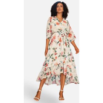 Yumi Floral Dip Hem Wrap Midi Dress in Ivory at Nordstrom, Size 16