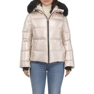 Gorski Apres-Ski Short Bomber Jacket with Detachable Genuine Shearling Hood Trim in Gold/black at Nordstrom, Size X-Small