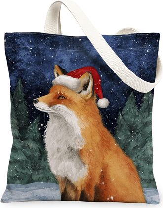 Generic Christmas Fox Canvas Tote Bags, Holiday Wildlife Design Reusable Bags, Winter Vintage Lightweight Washable Shoulder Strap F, Orange, 13x15 Inch