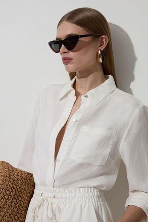 Karen Millen Womens Viscose Linen Woven Long Sleeve Shirt - White - Size 18 UK
