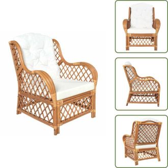 vidaXL The Living Store Poltrona con Cuscino Marrone Chiaro in Rattan Naturale e Lino - Poltrona con cuscino
