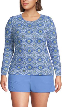 Lands End Crew Neck Long Sleeve Rash Guard UPF 50 Swim Tee in Lake Blue/egret Geo Floral at Nordstrom, Size 2X