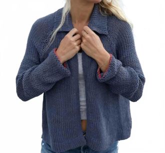 Wooden Ships Heart Back Chunky Cotton Cardigan In Indigo Coast Heather/ Apple Red