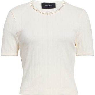 Simone Rocha Faux Pearl Crop Cotton Pointelle Rib T-Shirt in Ecru/pearl at Nordstrom, Size X-Small
