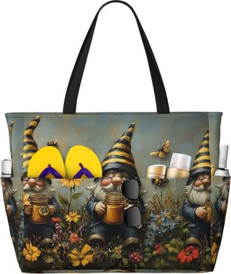 Generic Garden Gnomes Print Large Beach Bag Foldable Travel Shoulder Tote Bag With Pocket For Weekender Pool Vacation