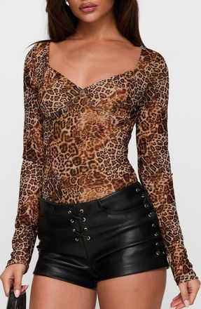 Princess Polly Elixia Leopard Print Long Sleeve Bodysuit at Nordstrom, Size 12