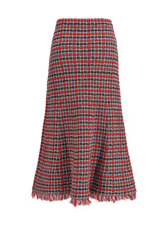 Self Portrait Check Knit with Frayed Edges Skirt - Red
