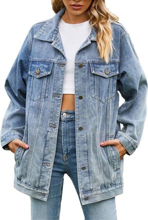 Generic Womens Denim Jackets Long Oversized Jean Jacket Western Boyfriend Button Up Shacket Fall Outfits Coats with Pockets (UK, Alpha, XXL, Regular, Regular,