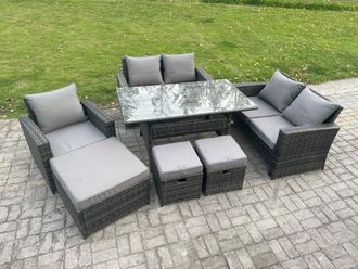 Fimous 8 Seater Outdoor Garden Dining Set Wicker PE Rattan Furniture Sofa with Dining Table Double Seat Sofa Dark Grey Mixed