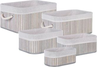 Beliani Conjunto De 5 Cestas De Madera De Bamb&uacute; Gris Blanco Asas Varios Tama&ntilde;os Talpe