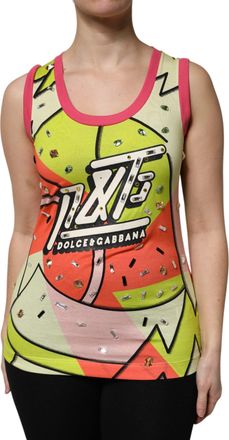 Dolce & Gabbana Womens Multicolor Printed Crystal Embellishment Top Cotton