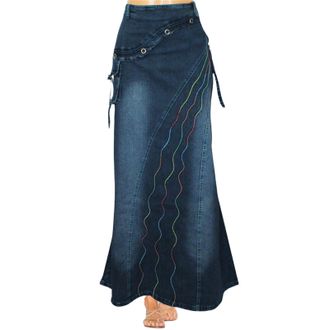 Generic Long Denim Skirt for Women, Retro Art Style Spliced A Line Long Hem Casual Denim Fishtail Skirt, Maxi Denim Skirt (Dark Blue,XL)