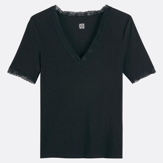 La Redoute Collections T-shirt met V-hals en korte mouwen, detail in kant