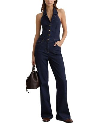 Reiss Lolita Denim Halter Neck Flared Jumpsuit