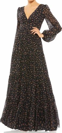 Mac Duggal Floral Ruffles Tiered Long Sleeve Maxi Dress In Black Multi