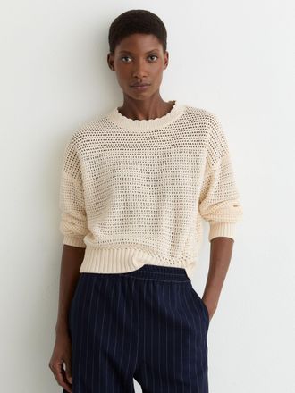 Reiss Neutral Cotton Open-stitch Crew-neck Jumper, XS